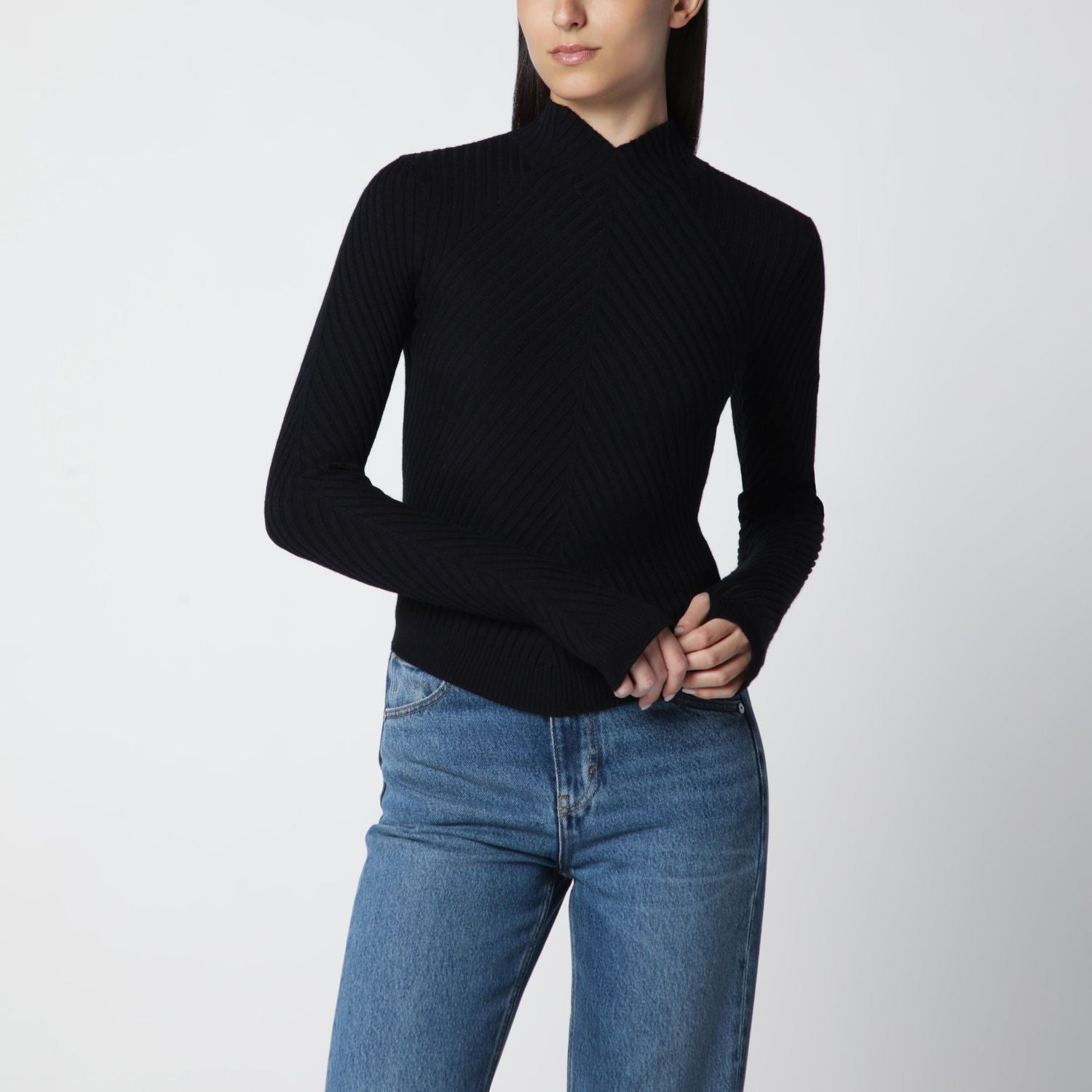 Georgia Ribbed Sweater In Black Merino Wool