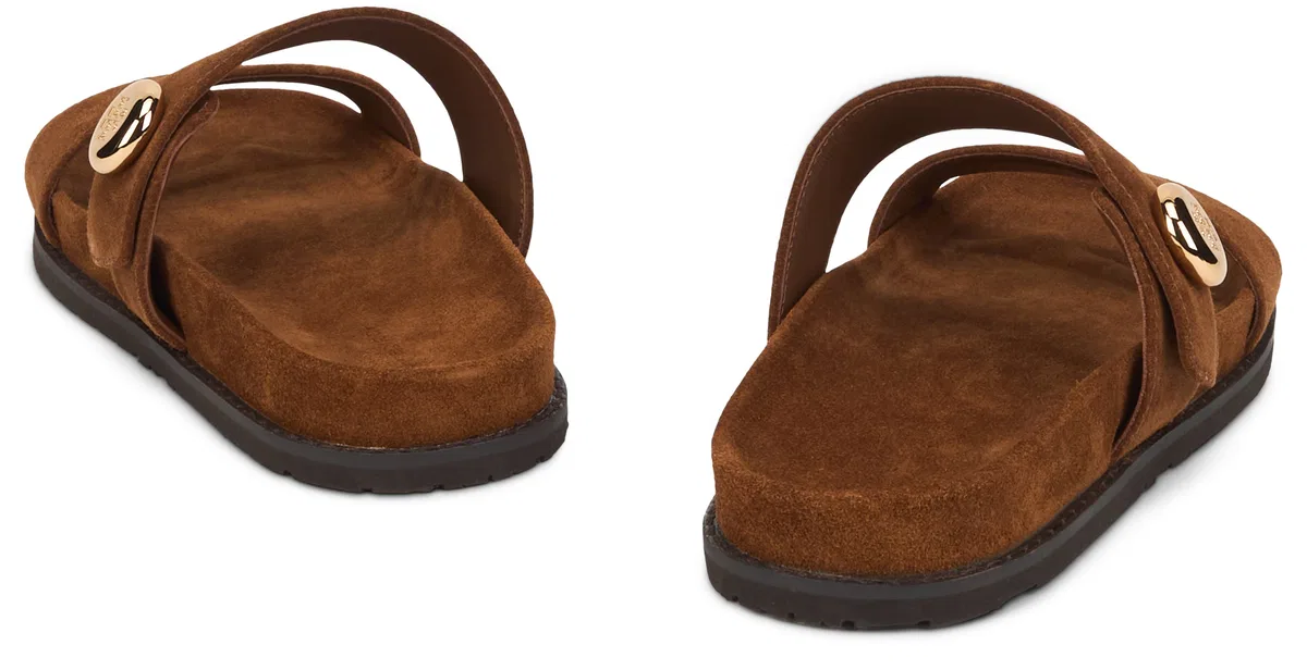 Tory Burch Romy Brown Sandals With Logo Plaque On The Front In Suede Woman In Park Bench