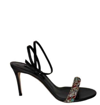 Black Crystal-Embellished Wrap-Around Ankle Strap Pumps