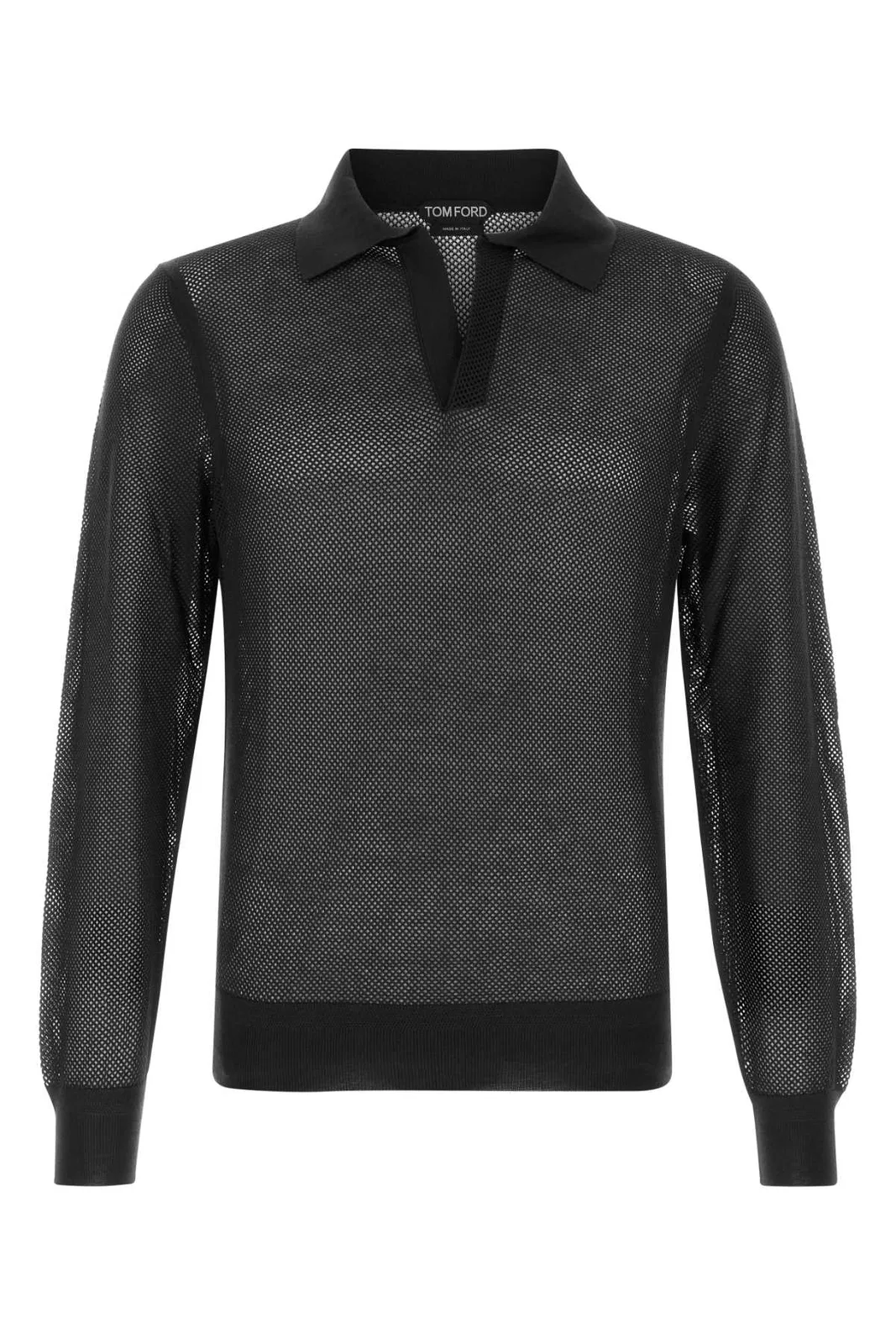 Tom Ford 18gg Cotton Silk Mesh Ls Buttonless Polo In Black