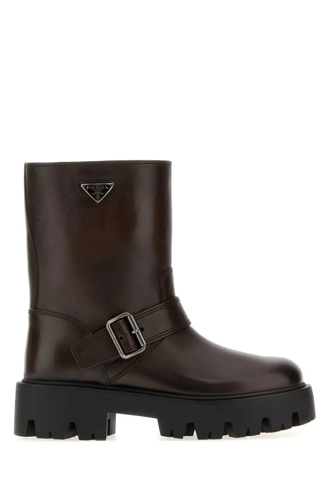 Prada Leather Ankle Boots Chunky Heel Round Toe In Brown