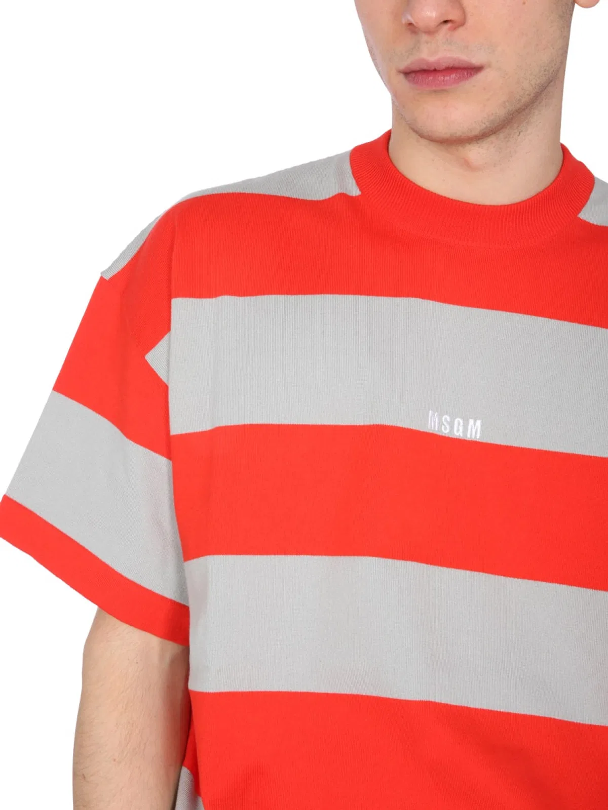 Msgm Striped Crew Neck T-shirt For Men In Purple