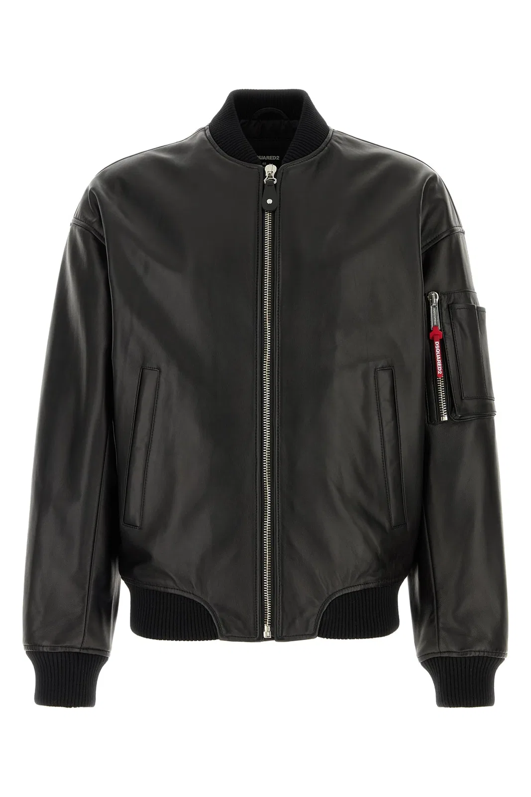 Dsquared2 Leather Jacket Front Pockets Ribbed Cuffs In Black