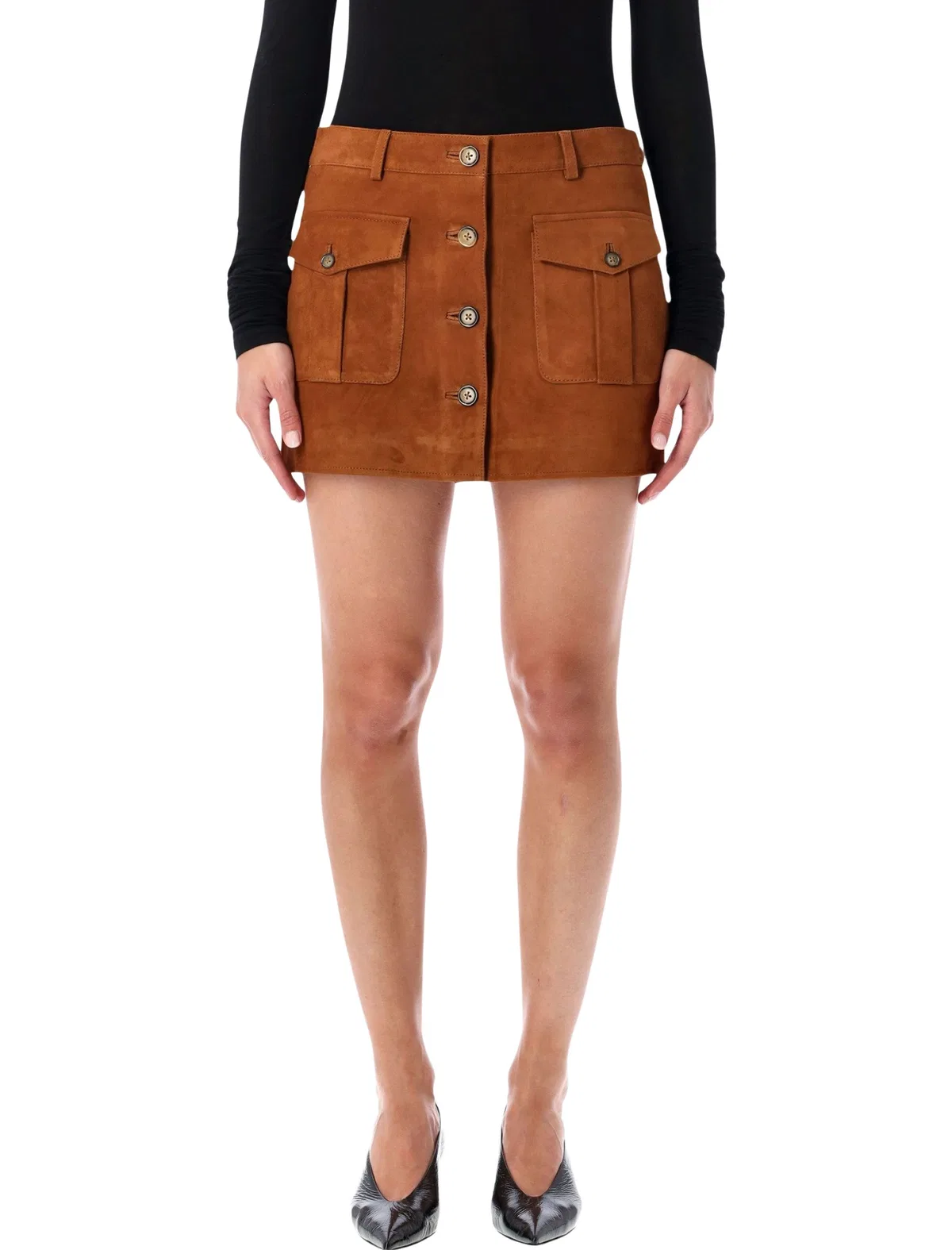Brown Suede Mini Skirt With Buttons
