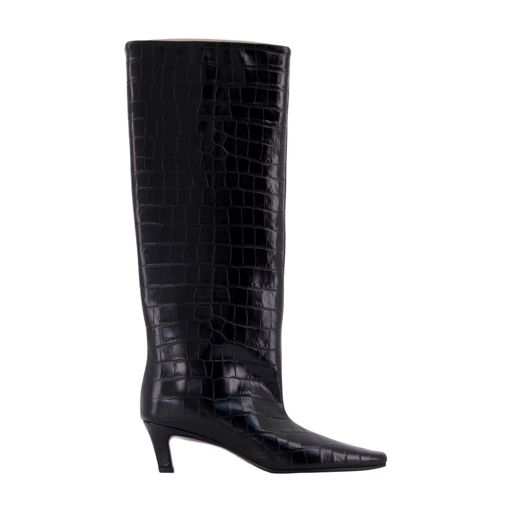 Black Crocembossed Leather Boots