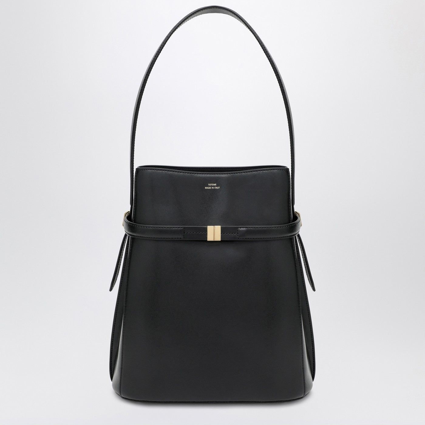 Black Leather Bucket Bag With Strap