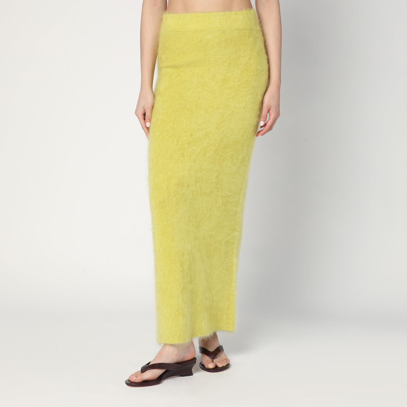 Long Lime-Coloured Brushed Cashmere Skirt