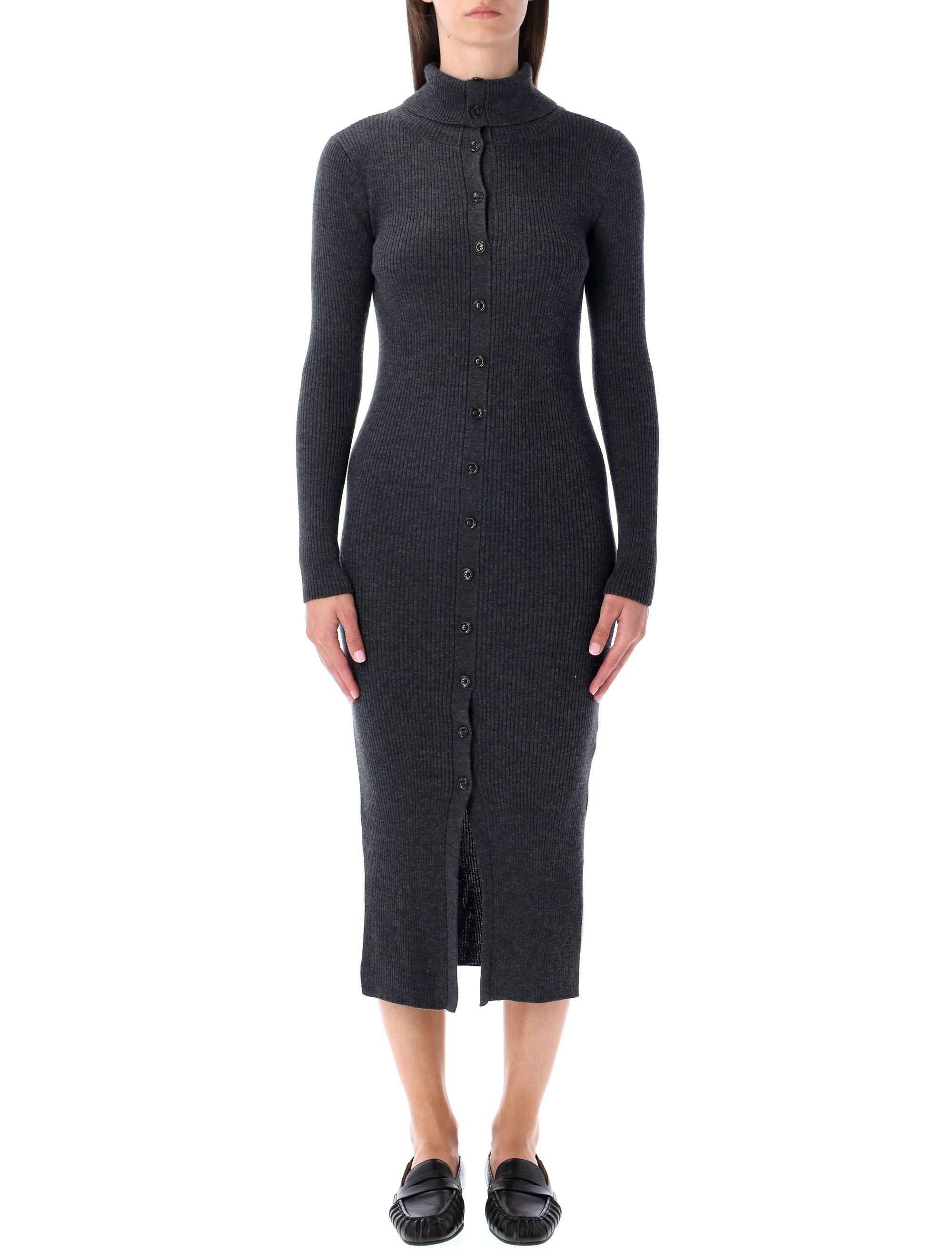 Charcoal Ribbed Knit Midi Dress With Buttons