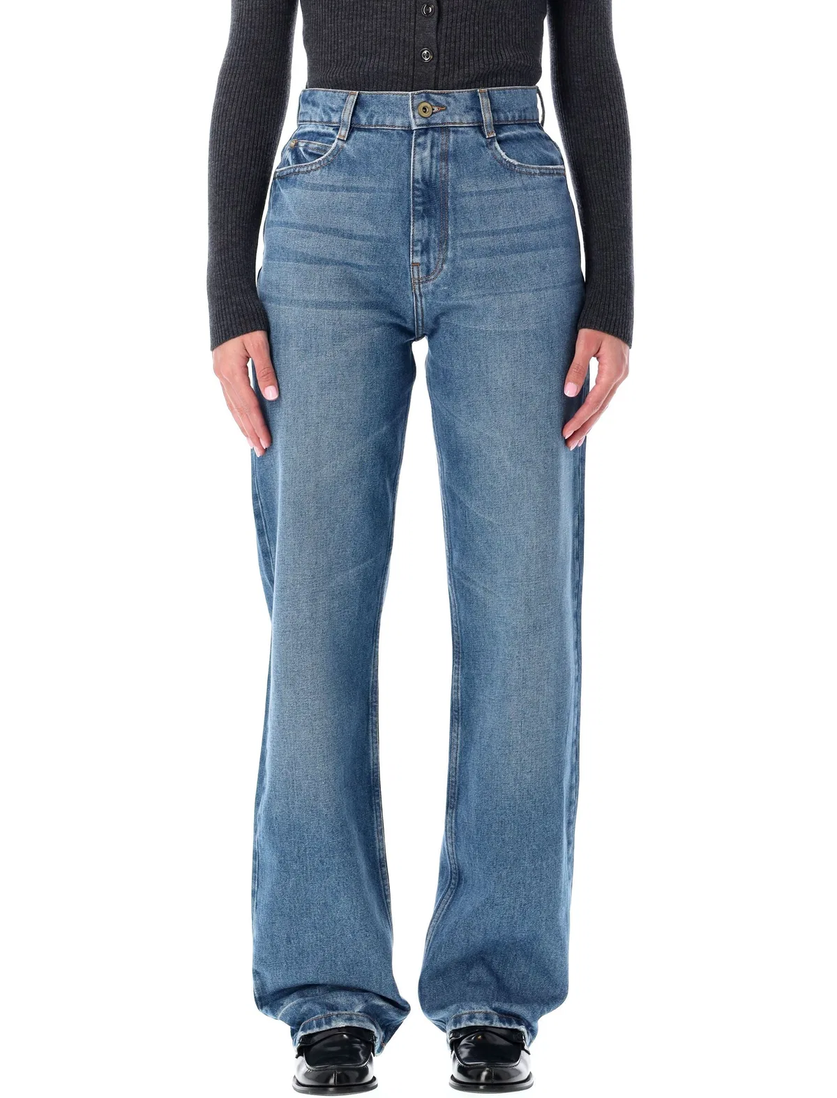 Blue Stonewash Straight-Leg Jeans With Relaxed Fit