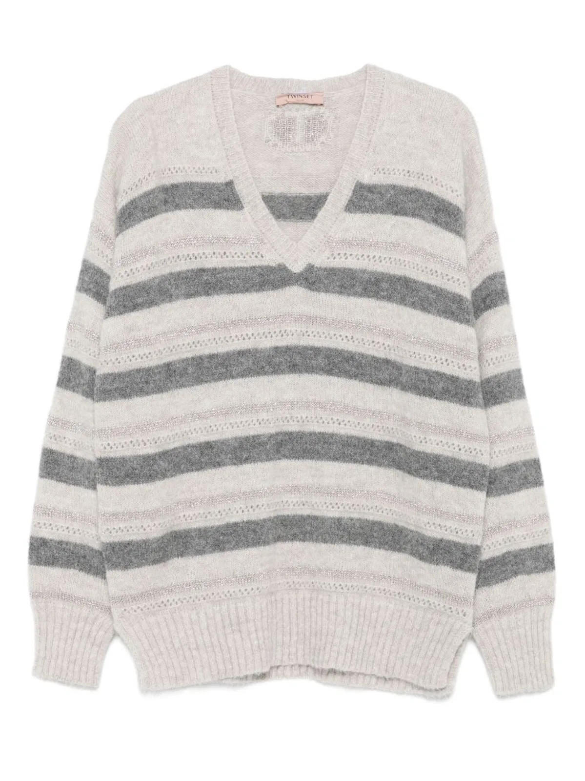 Twinset Twin-set Grey Striped V Neck Sweater In Gray