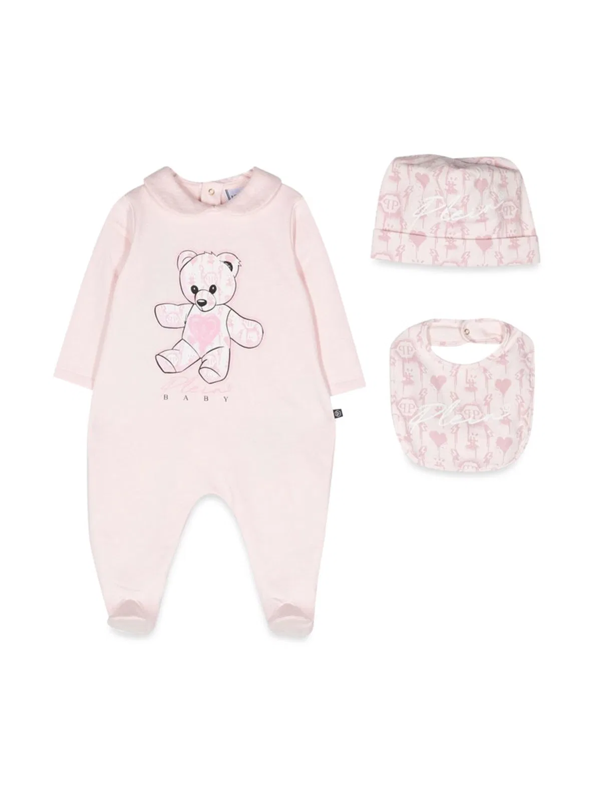 Philipp Plein Romper, Bib And Bonnet In Pink