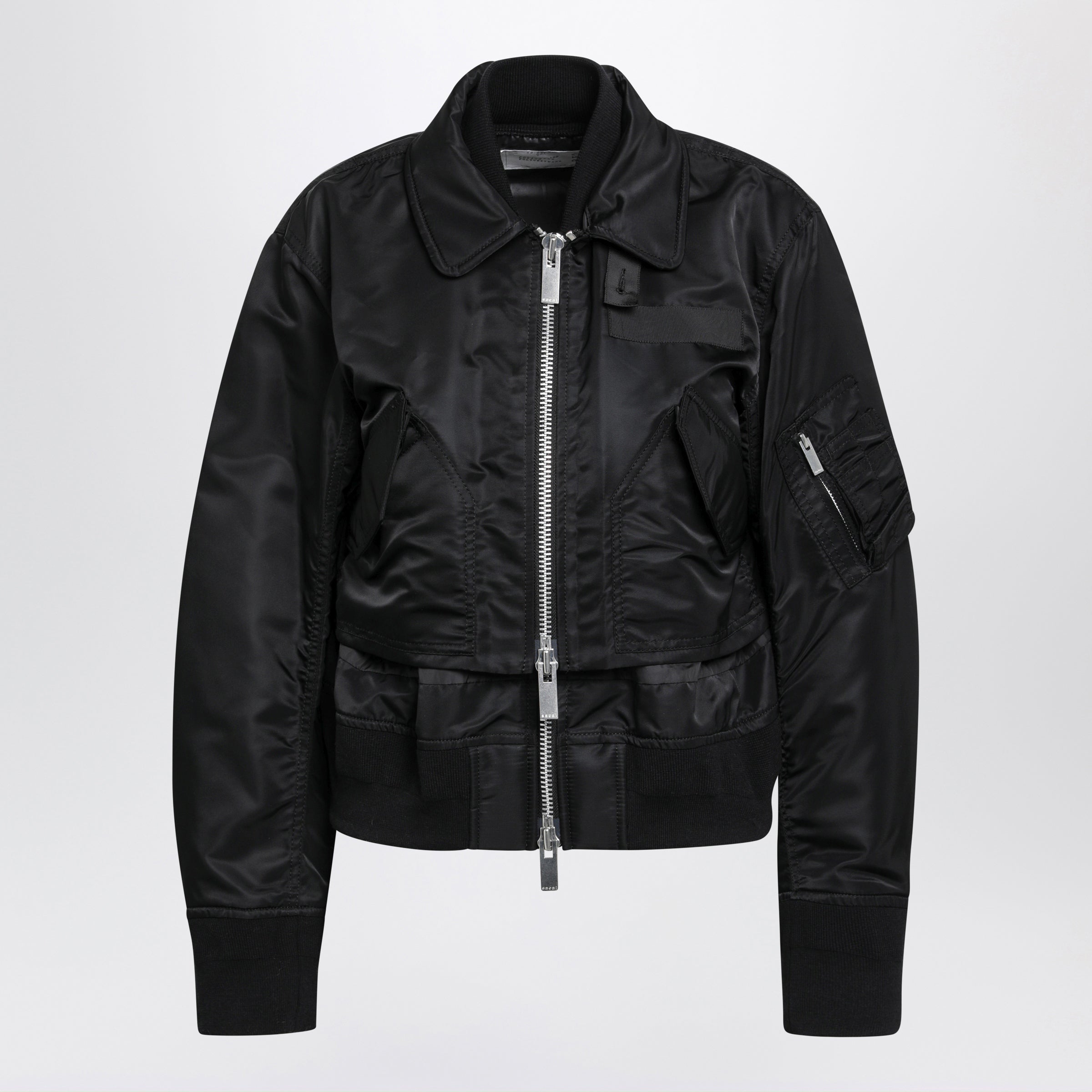 Black Satin-Effect Nylon Zip Bomber Jacket