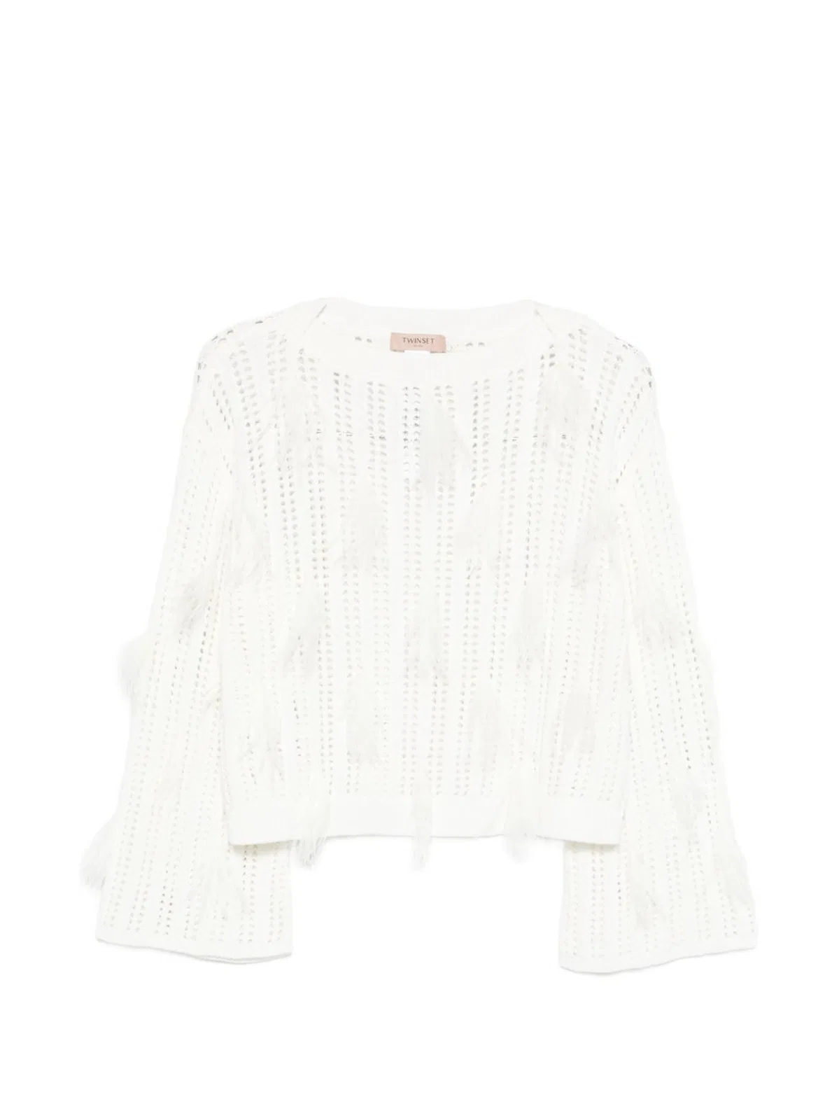 Twinset Twin-set White Fringed Knit Flared Sleeve Sweater