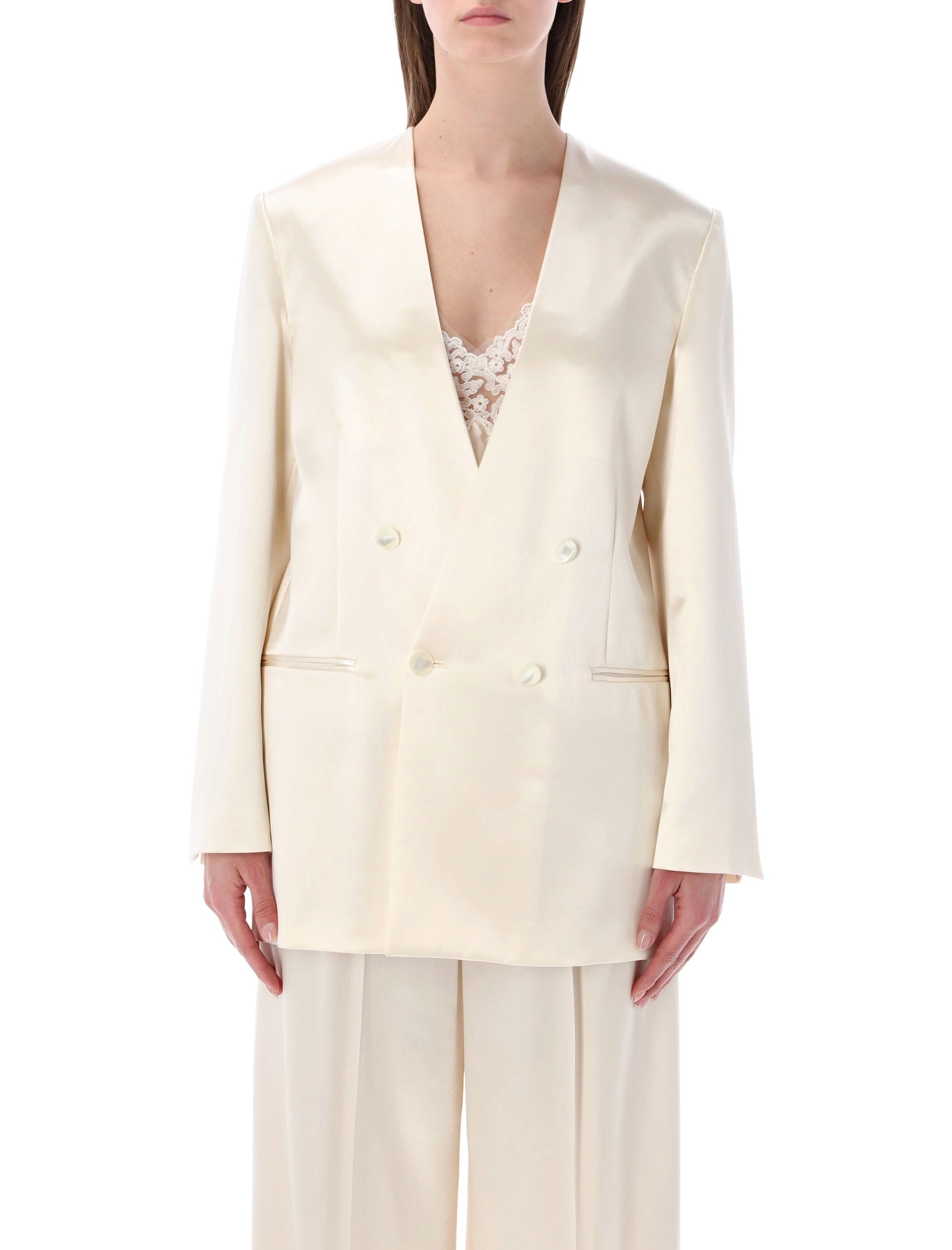 White Double-Breasted V-Neck Button Fastening Long Sleeves Front Pockets