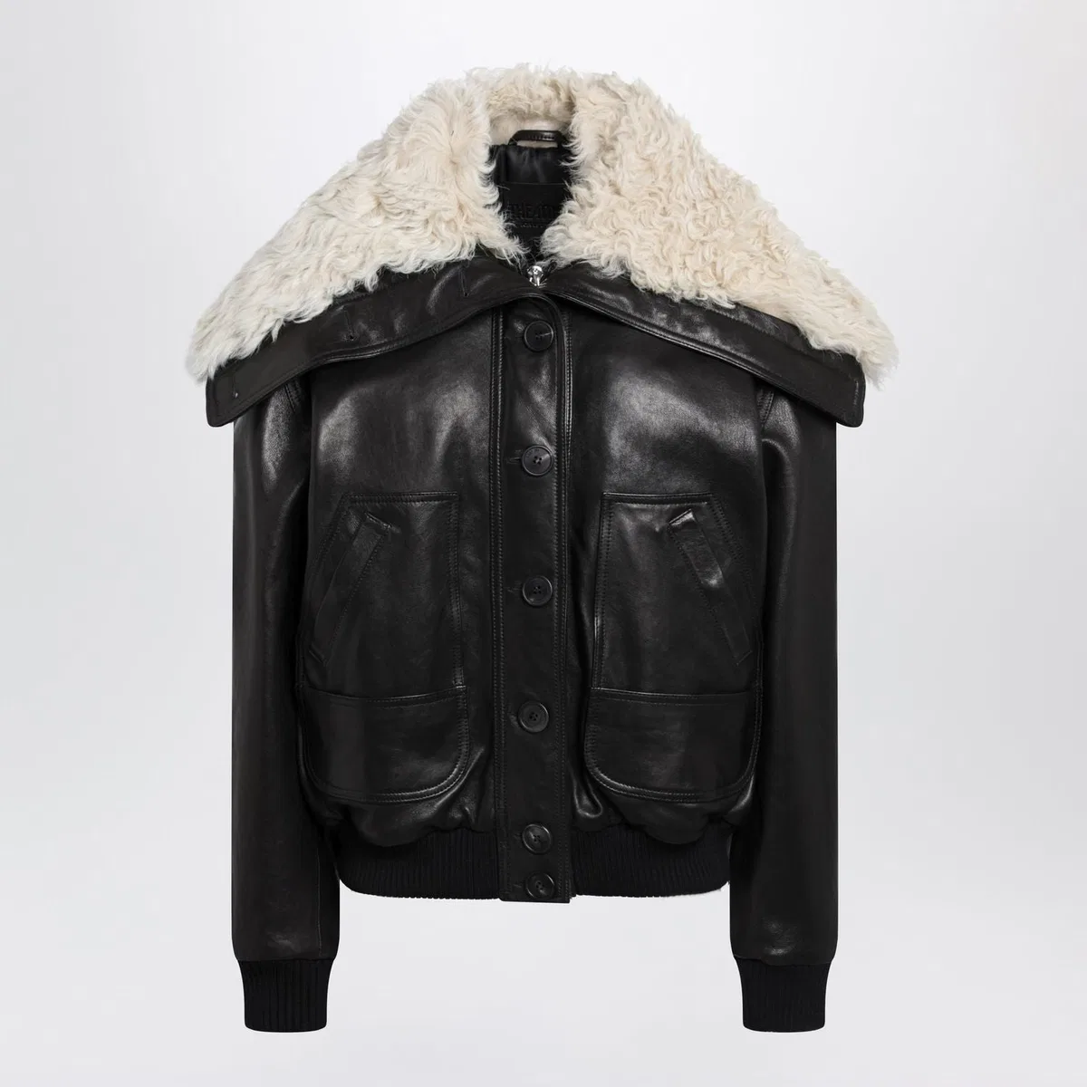 Black Leather Bomber Jacket With Shearling Collar