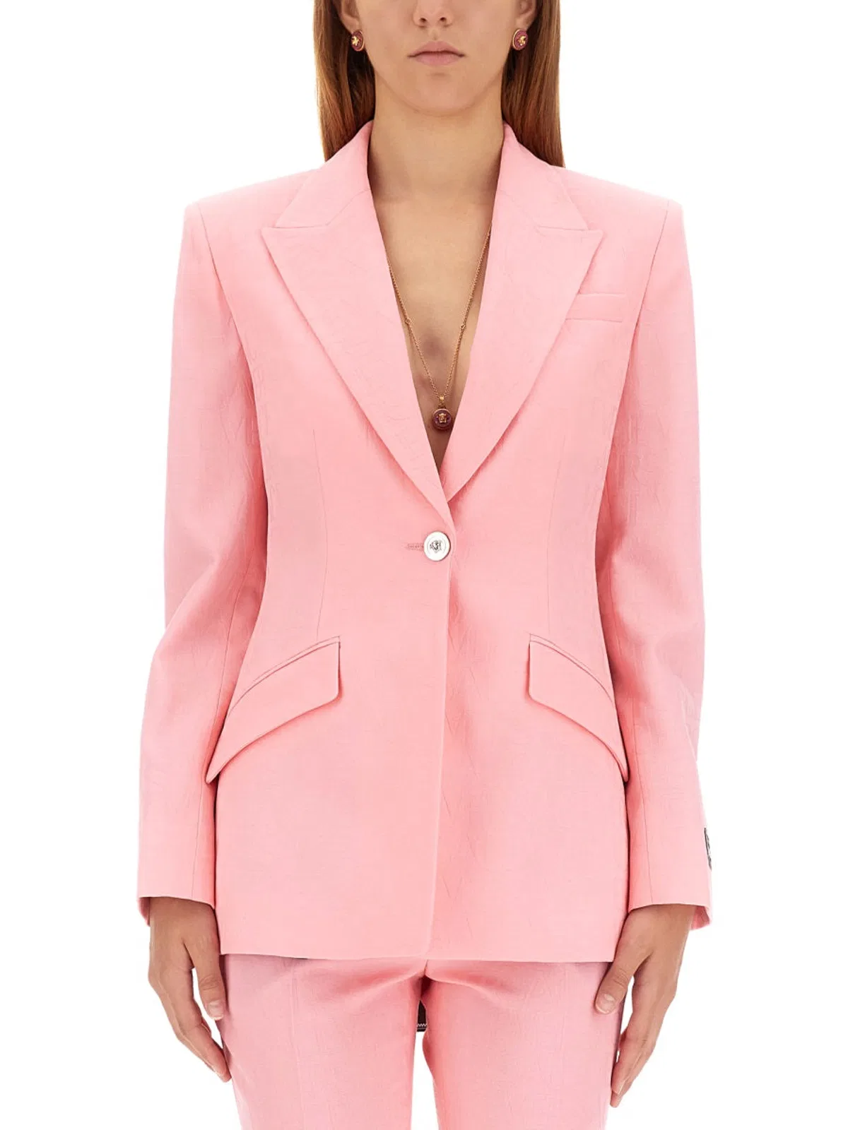 Versace Single-breasted All Over Logo Jacket In Pink
