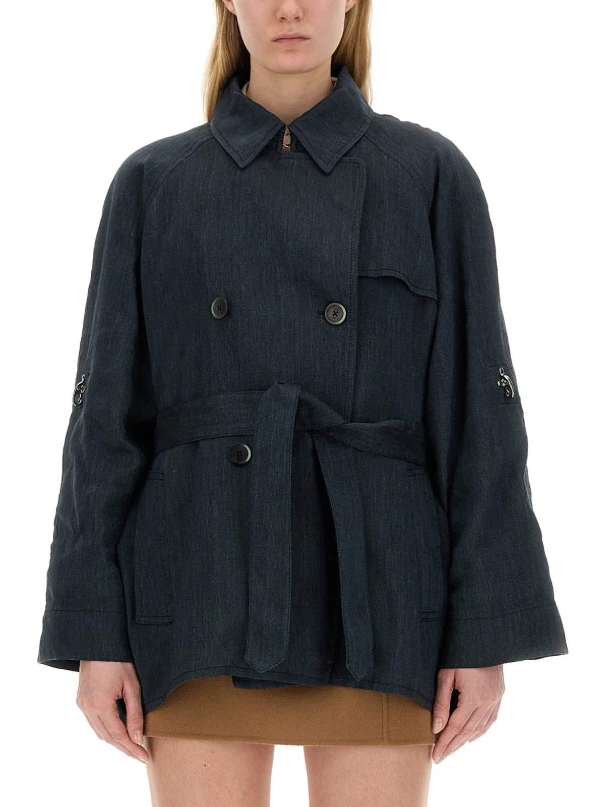 Fay Navy Blue Double-breasted Trench Jacket With Belt In Black