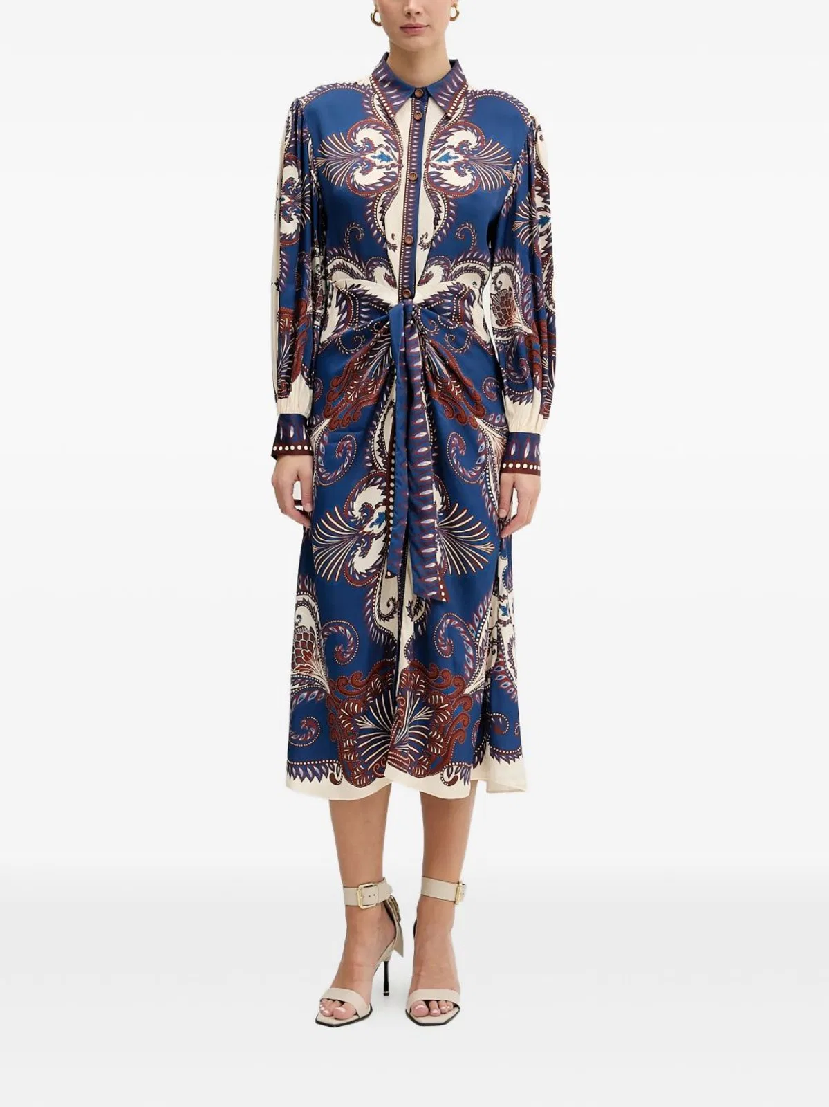 Blue Shirt Dress With Brown Print