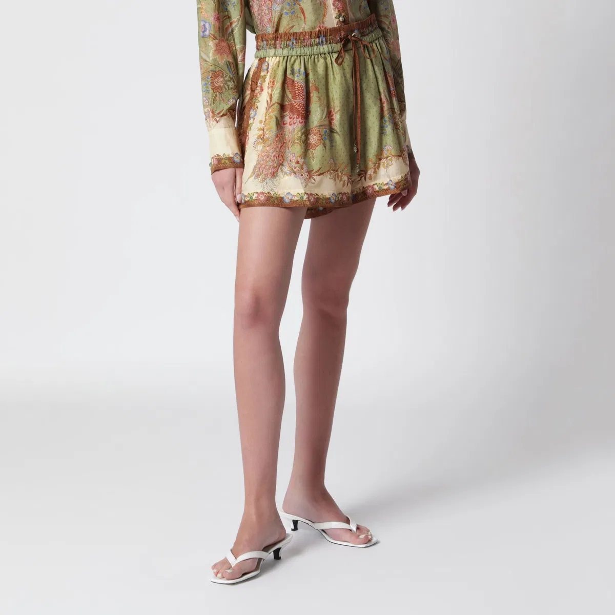 Khaki Floral Silk Indra Relaxed Shorts