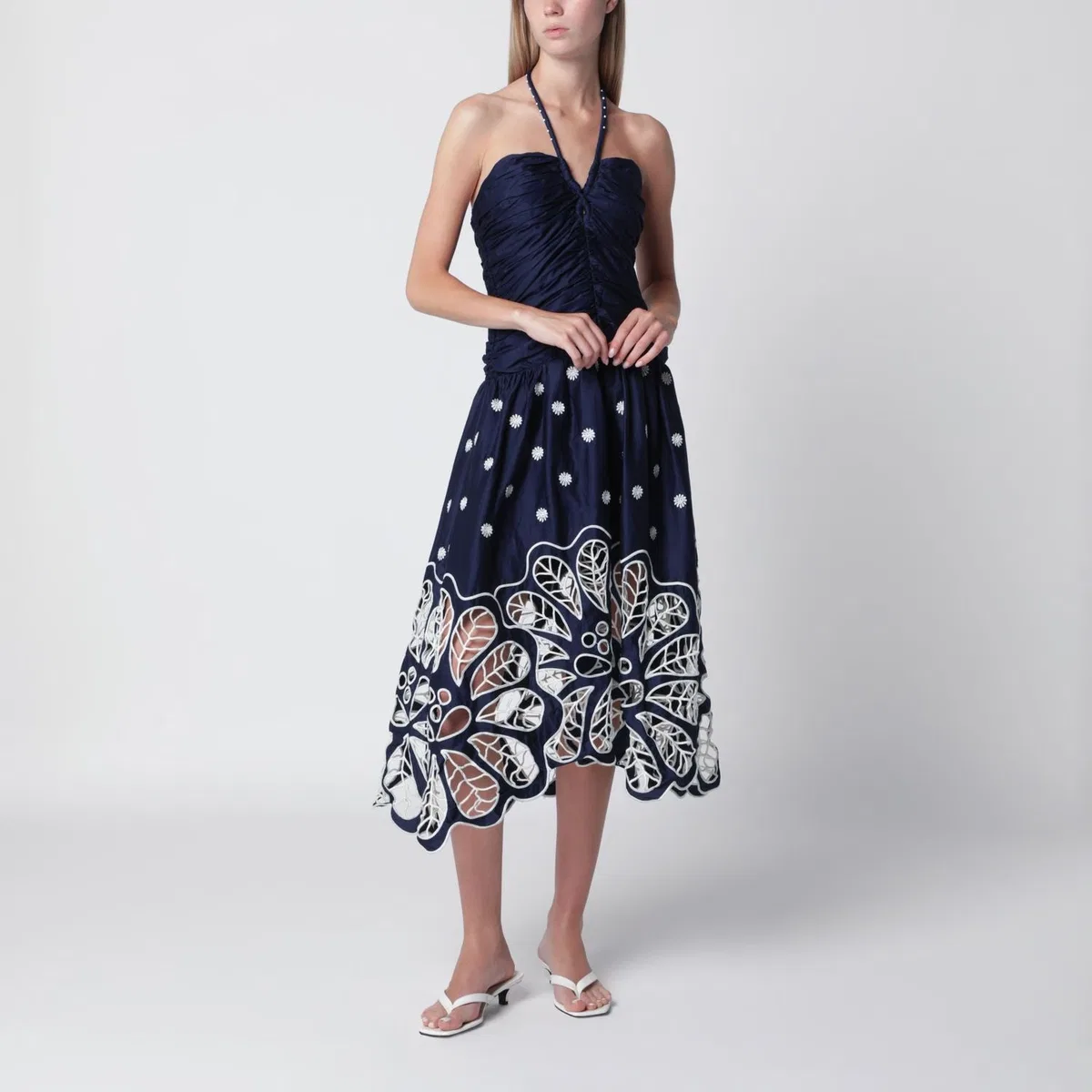 Navy Blue Richelieu Midi Dress With Embroidery
