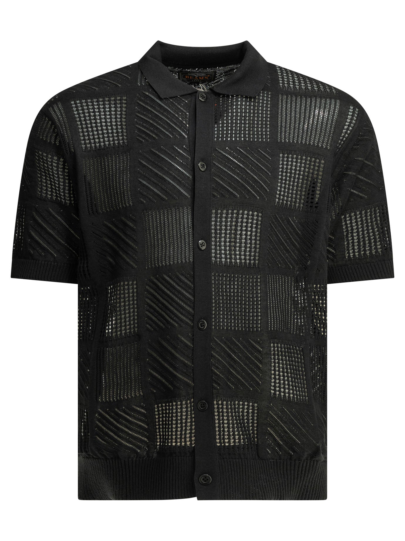 Black Cotton Nylon Spandex Textured Knit Button-Down Polo Shirt