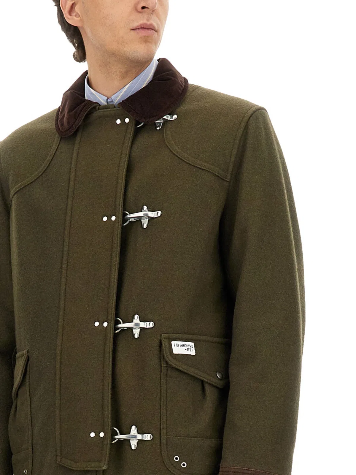 Fay 4-hook Jacket In Brown With Ribbed Collar In Multi