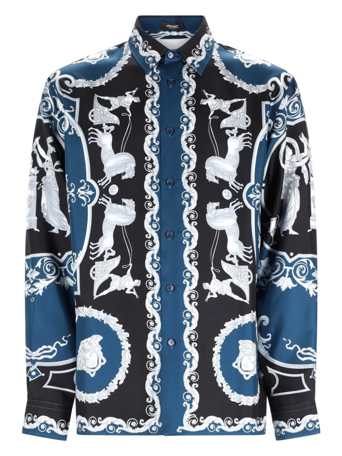 Versace Silk Shirt With Printed Design And Button-down Collar In Blue