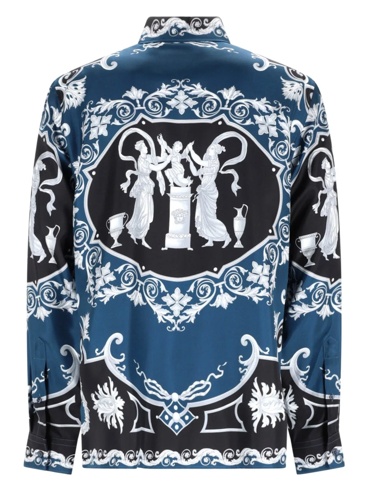 Versace Silk Shirt With Printed Design And Button-down Collar In Blue