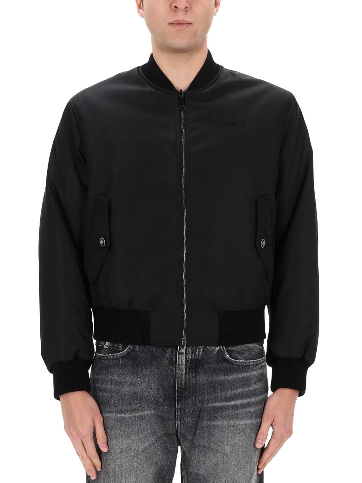 Versace Ribbed Cuffs Jacket Front Pockets Hem In Black