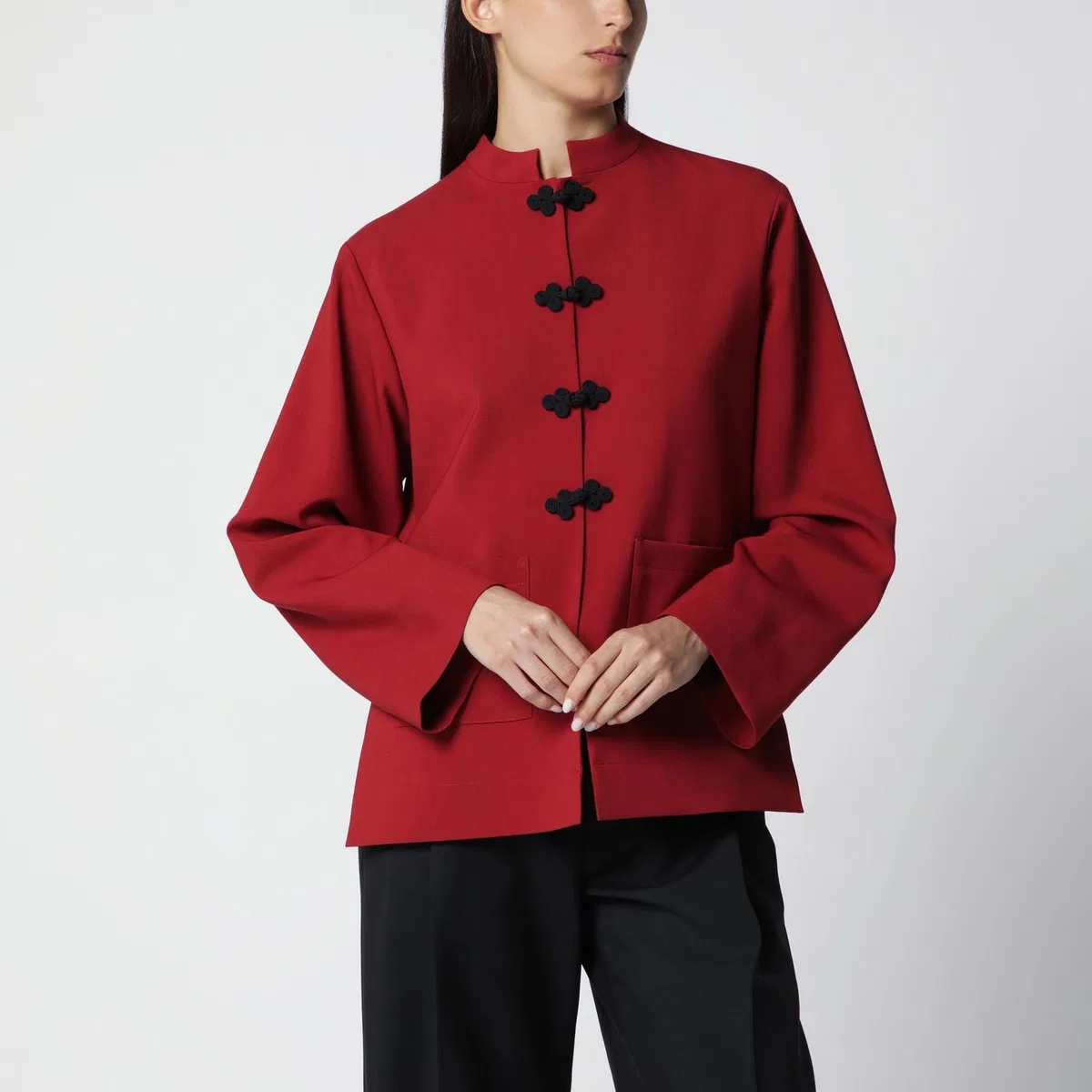 Carmine Red Wool Jacket With Pankou Closure
