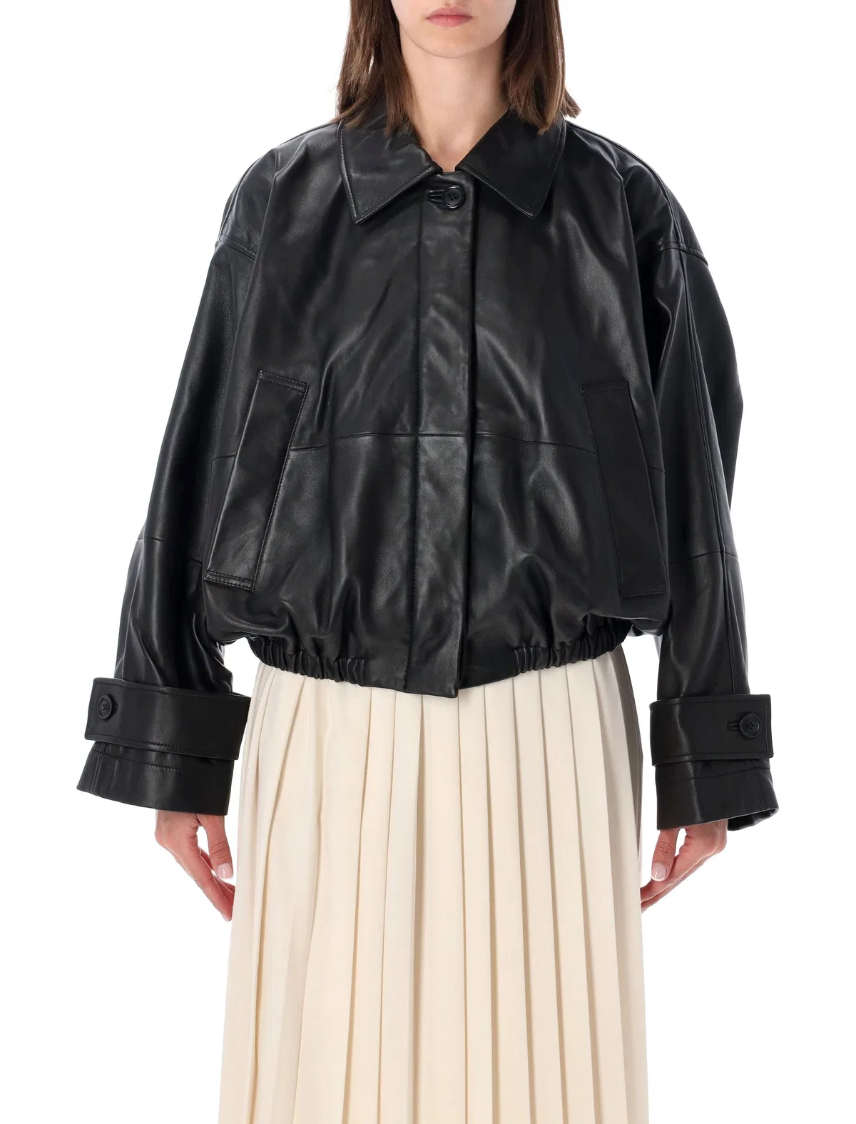 Rohe Cropped Leather Bomber Blouson Jacket With Dropped Shoulders In Multi