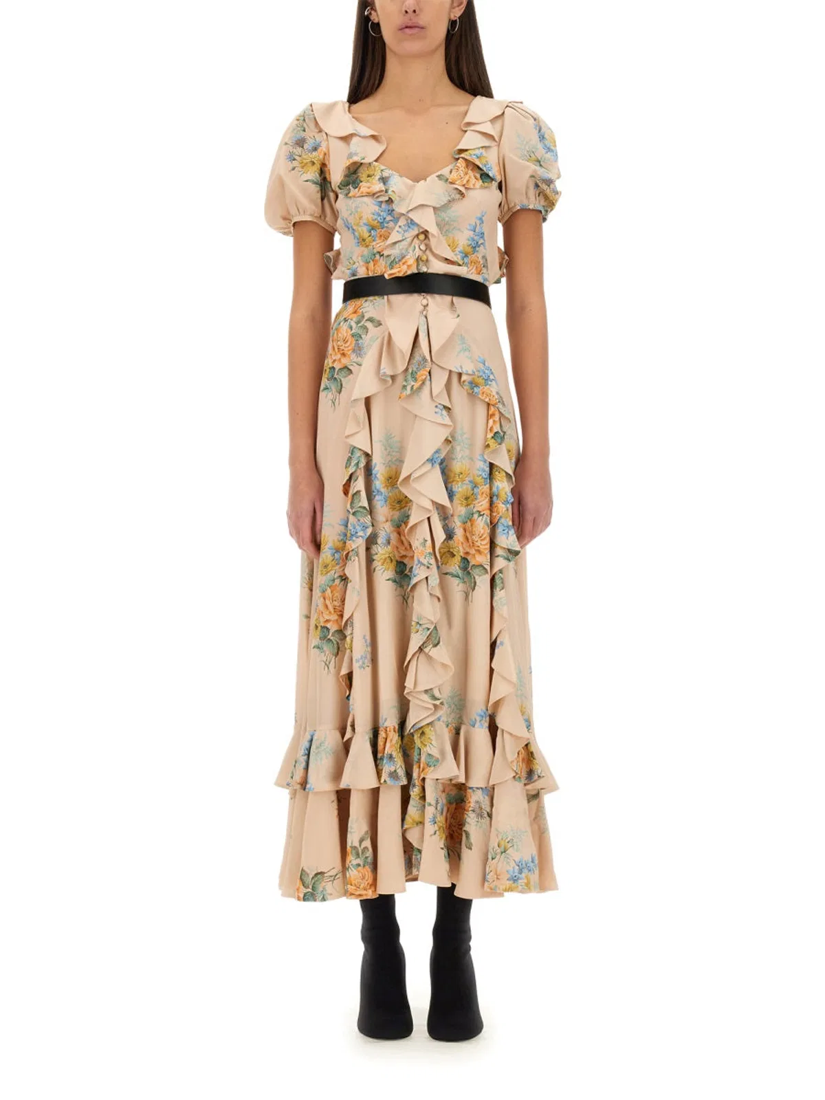 Floral Print Ruched Silk Dress