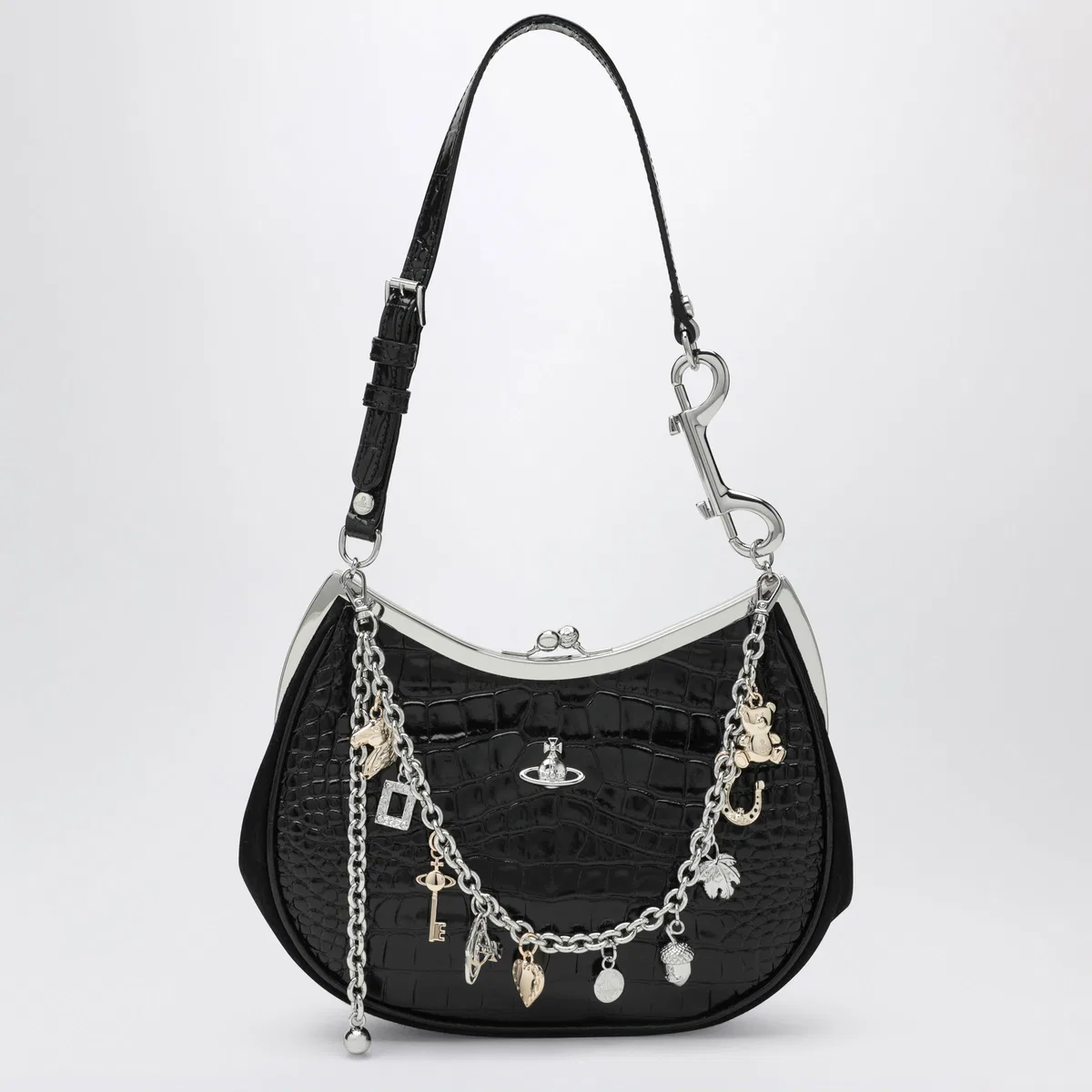 Vivienne Westwood Black Charm Bag In Croc-effect Patent Leather