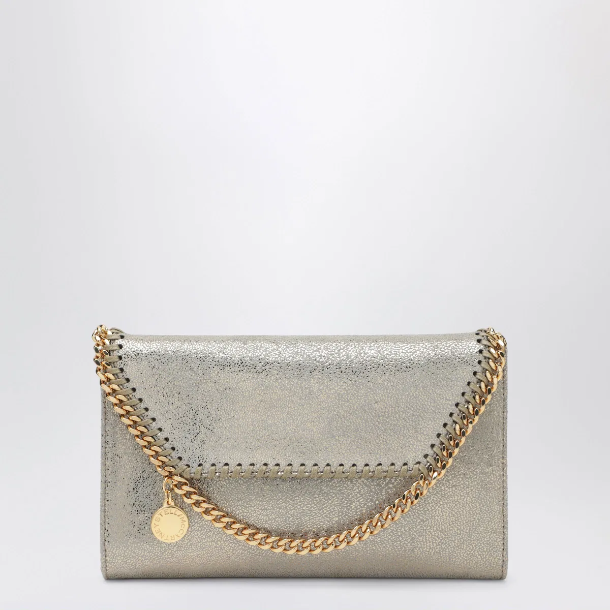 Stella Mccartney Falabella Chain Wallet In Metallic Pyrite In Silver