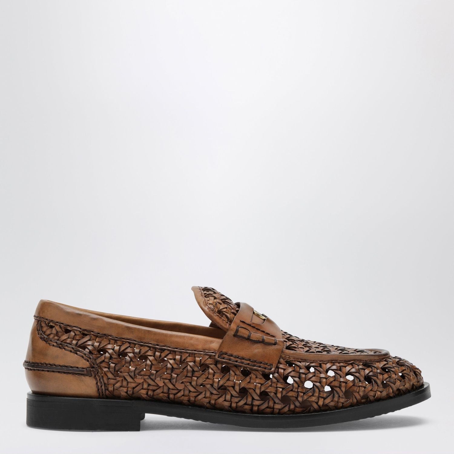 Cognaccolored Woven Leather Penny Loafers