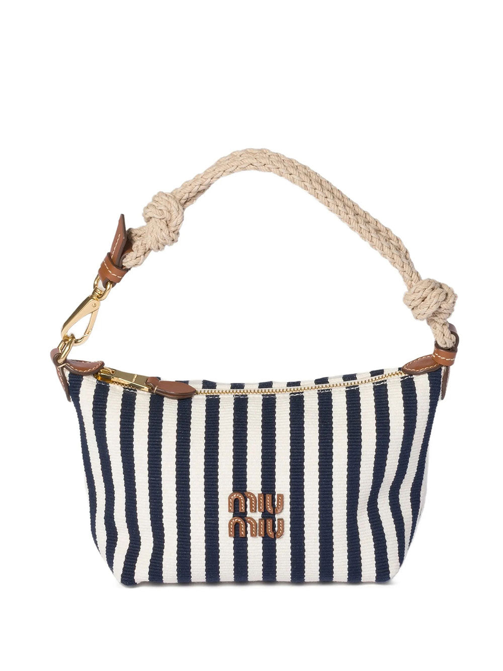 Striped Jacquard Cotton And Leather Pouch, Blue/Cognac