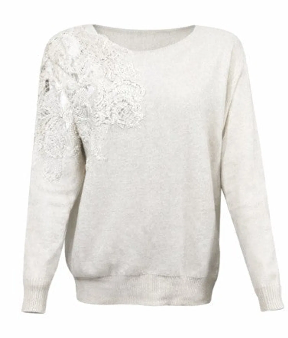Off-White Lace Appliqué Round Neck Sweater