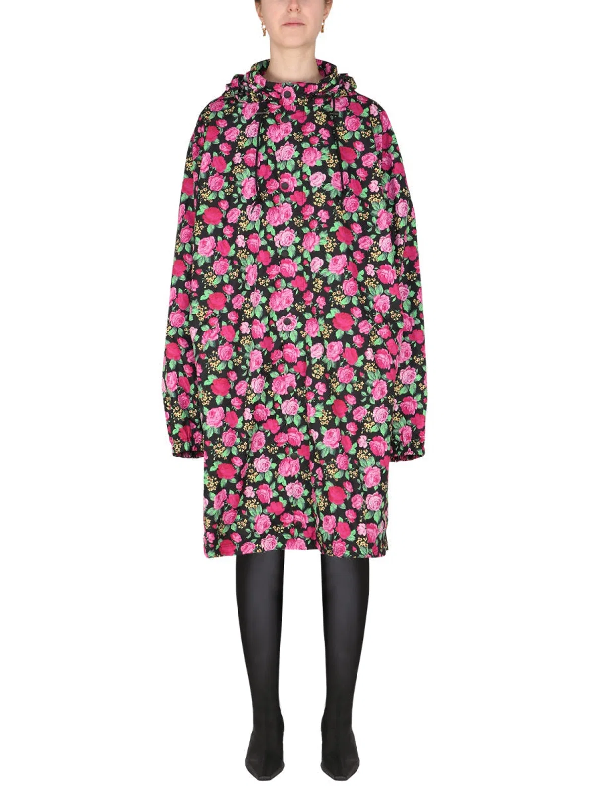 Balenciaga Floral Pattern Jacket With Hood And Drawstring In Pink