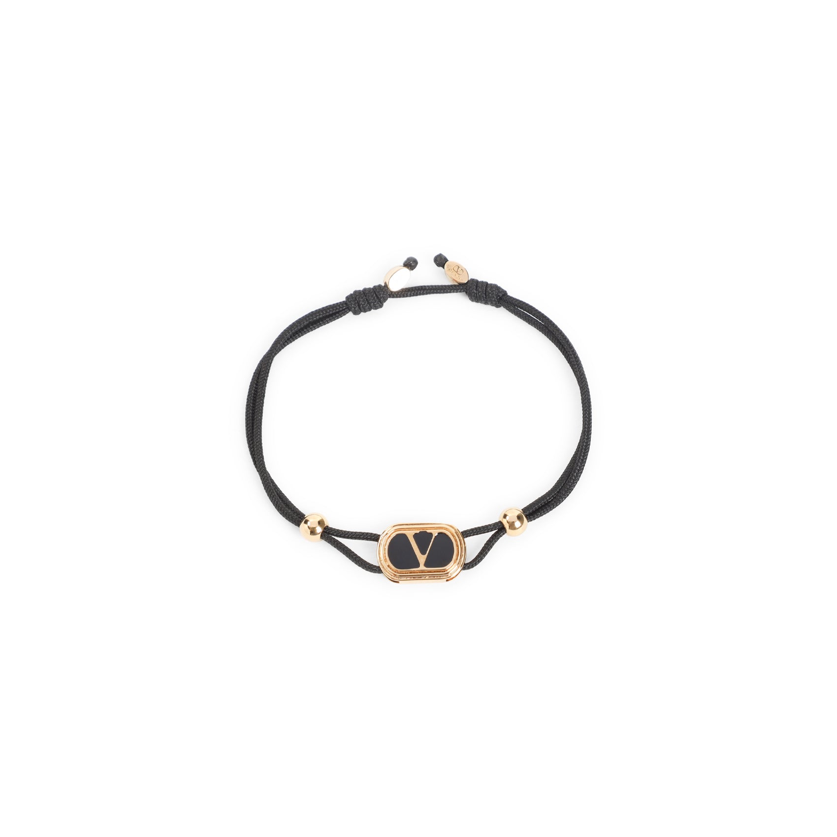 Black Cord Bracelet With Enamelled Gold V Logo