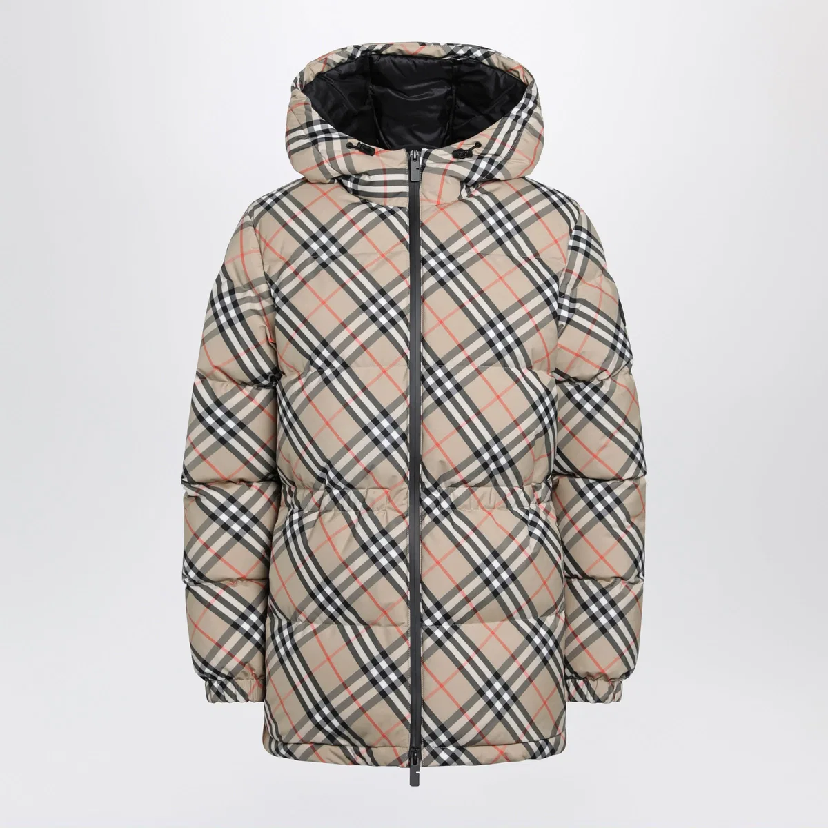 Hooded Check Nylon Puffer Jacket In Sand