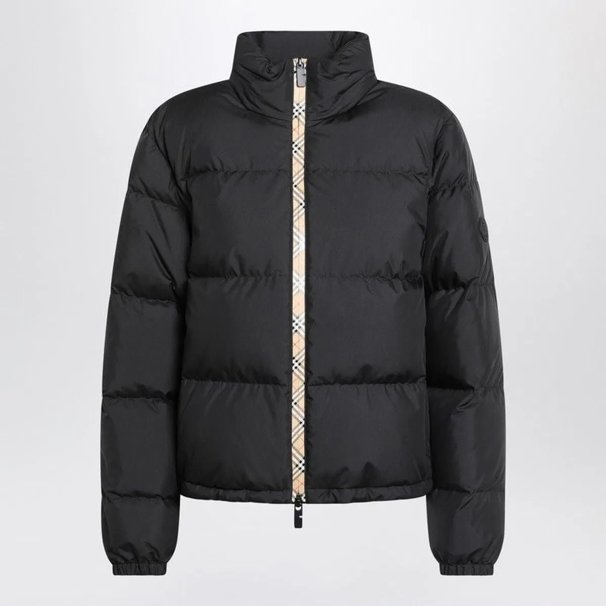 Black Zip-Up Puffer Jacket With Check Detail