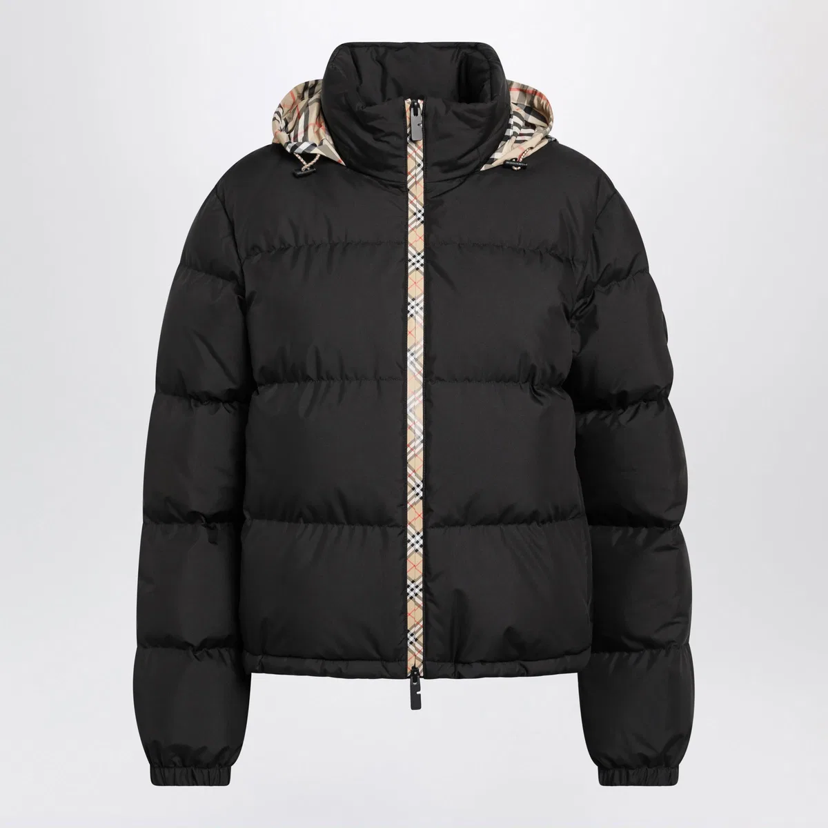 Black Zip-Up Down Jacket With Check Detail