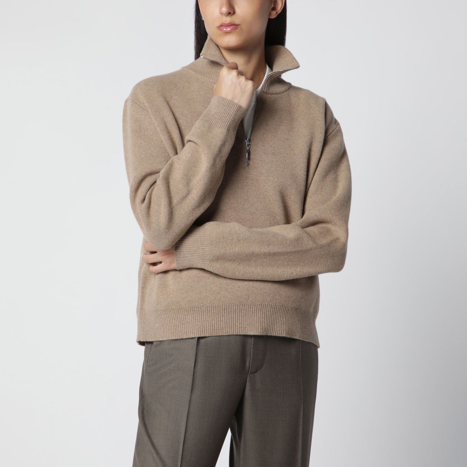 Camel Mouline Knit Zip Polo Shirt