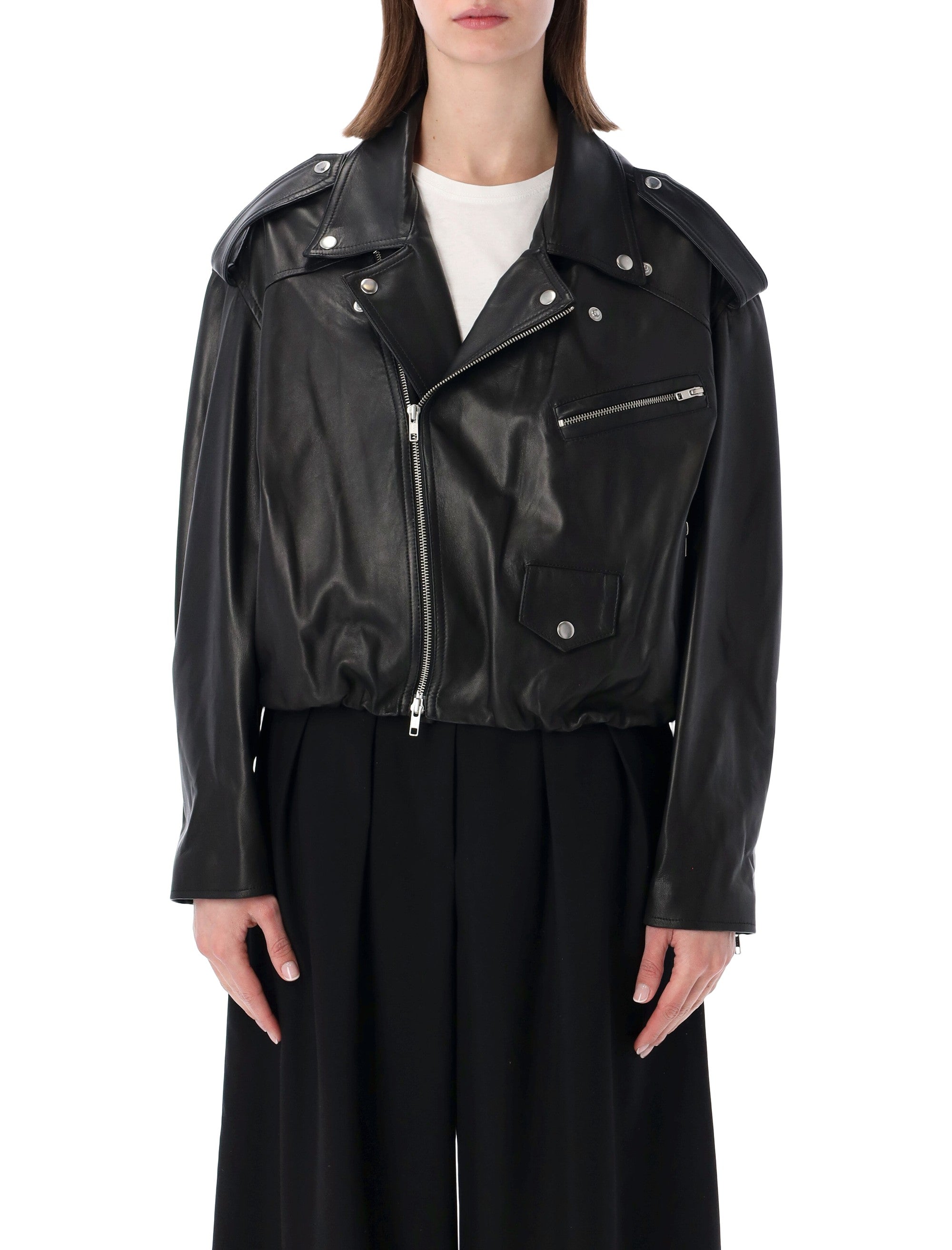 . Black Balloon Leather Bomber Jacket