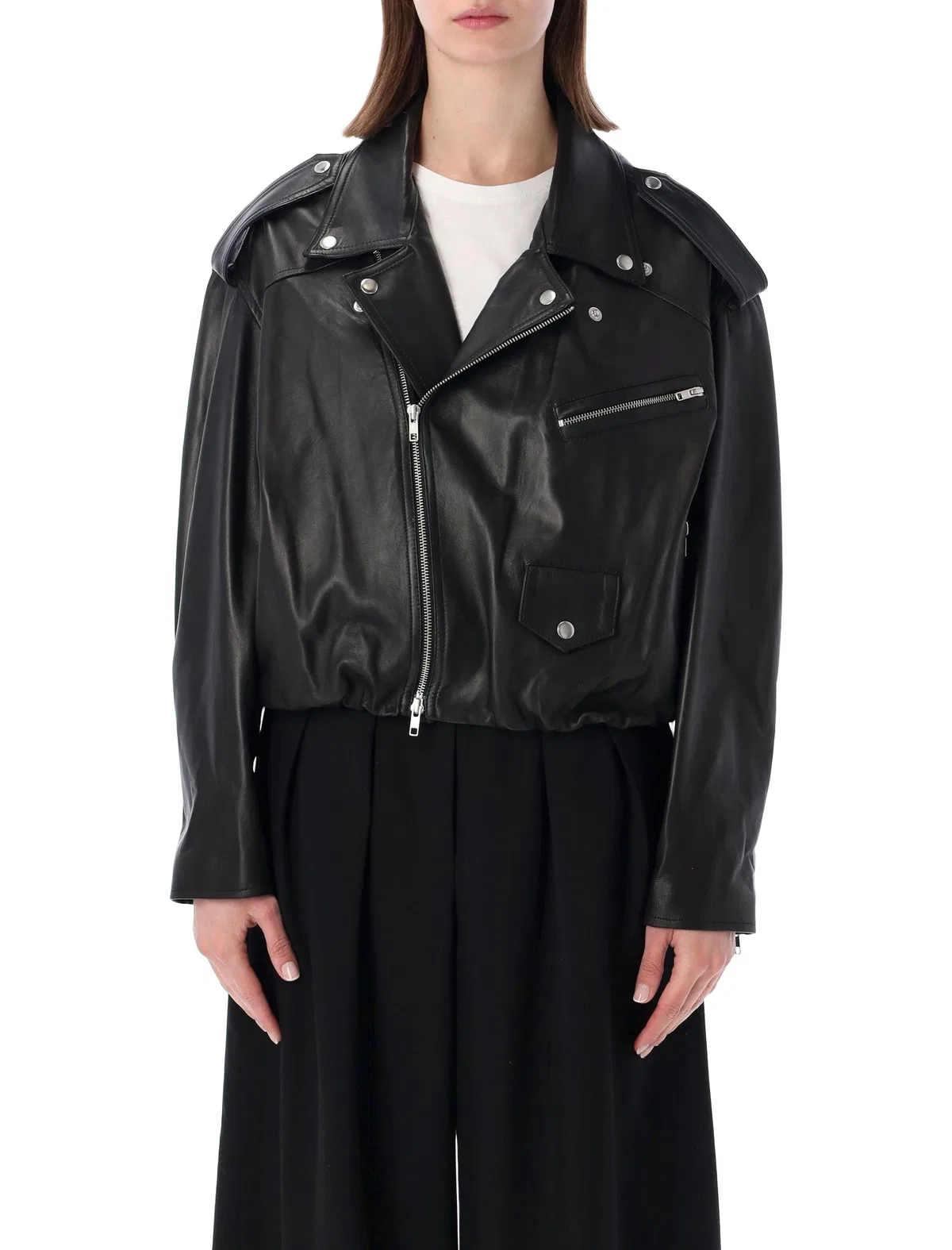 Elastic Hem Black Leather Jacket