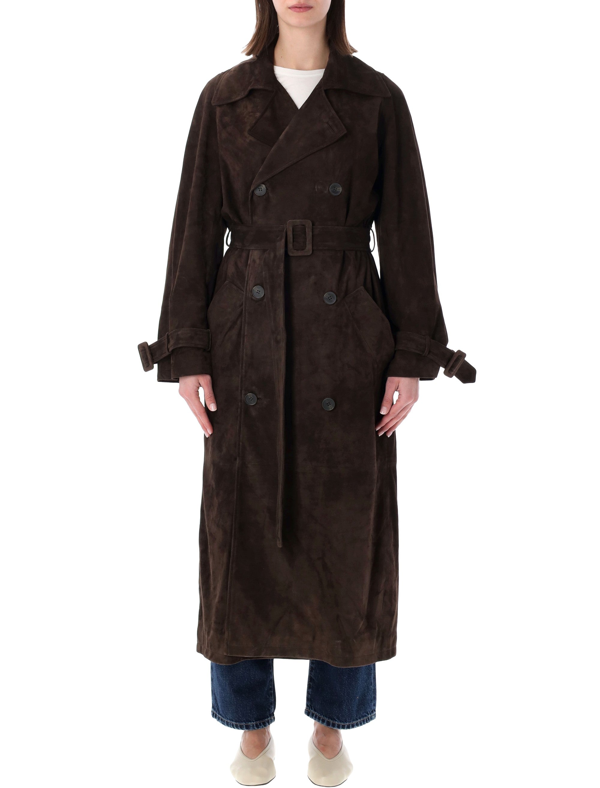 . Brown Doublebreasted Suede Trench Coat