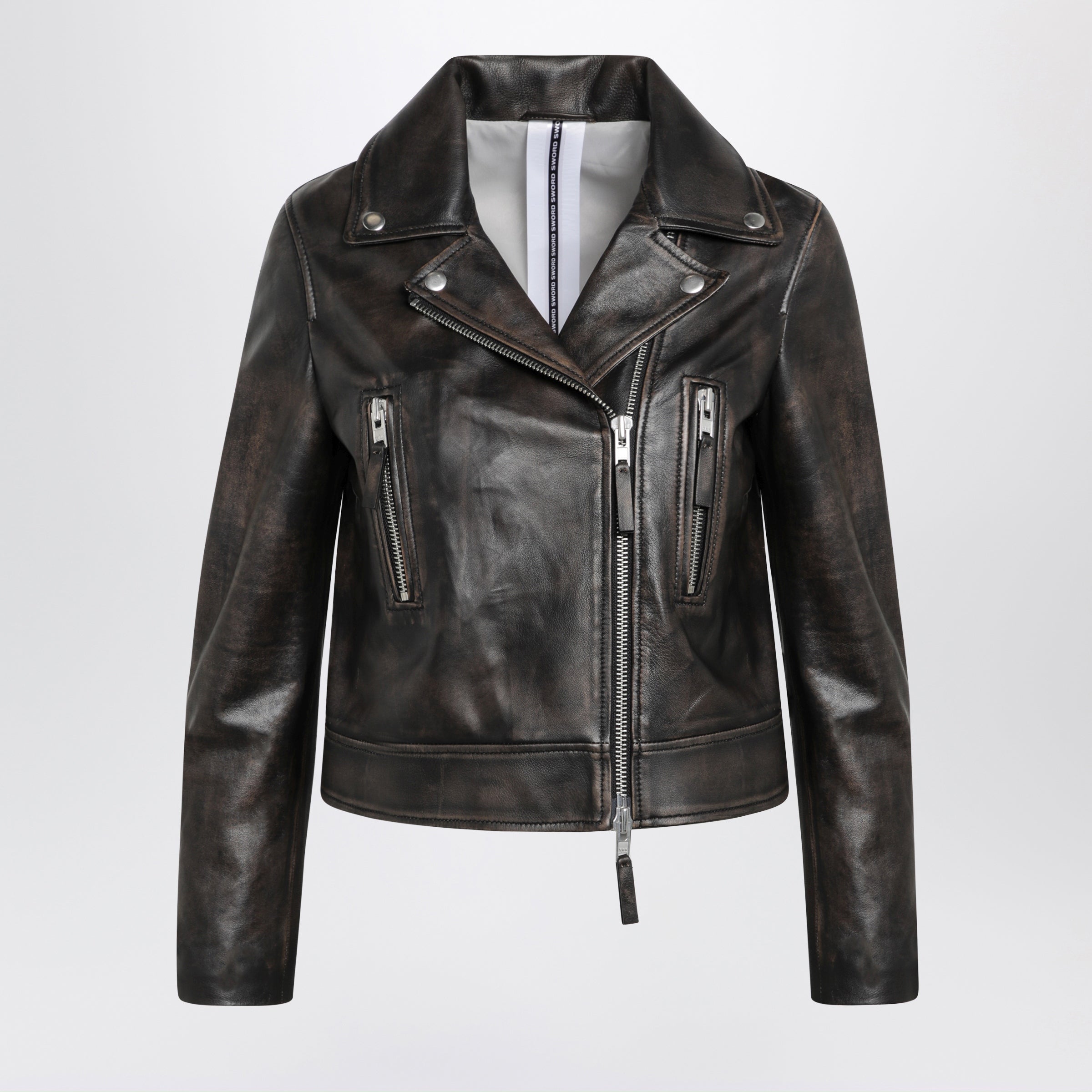 . Black Vintageeffect Leather Biker Jacket