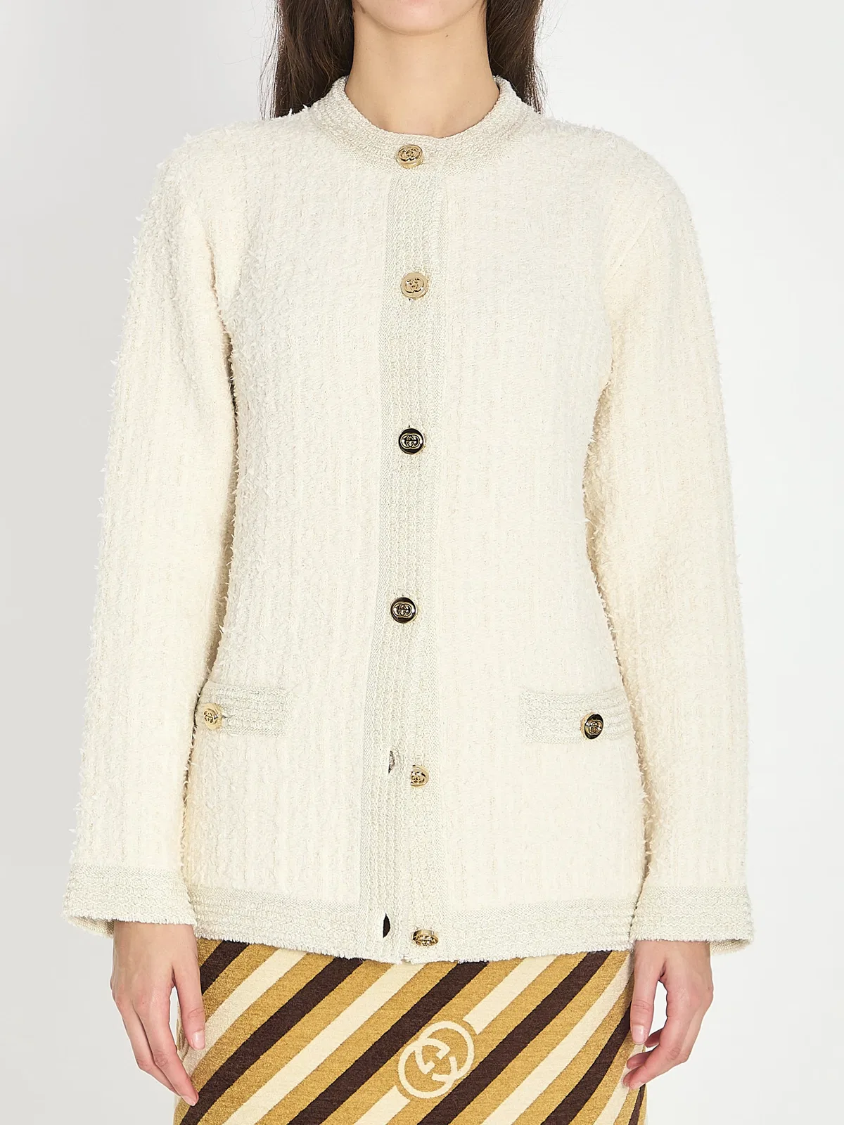 Gucci Women Ivory Stretch Boucle Cardigan In Neutral
