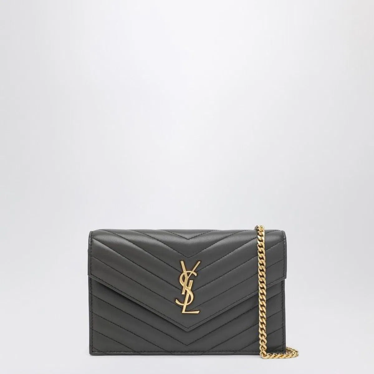 Cassandre Envelope Chain Wallet In Grey Lambskin Leather Features Iconic Chevron-Quilted Topstitching And A Leather-Reinforced Chain Strap.