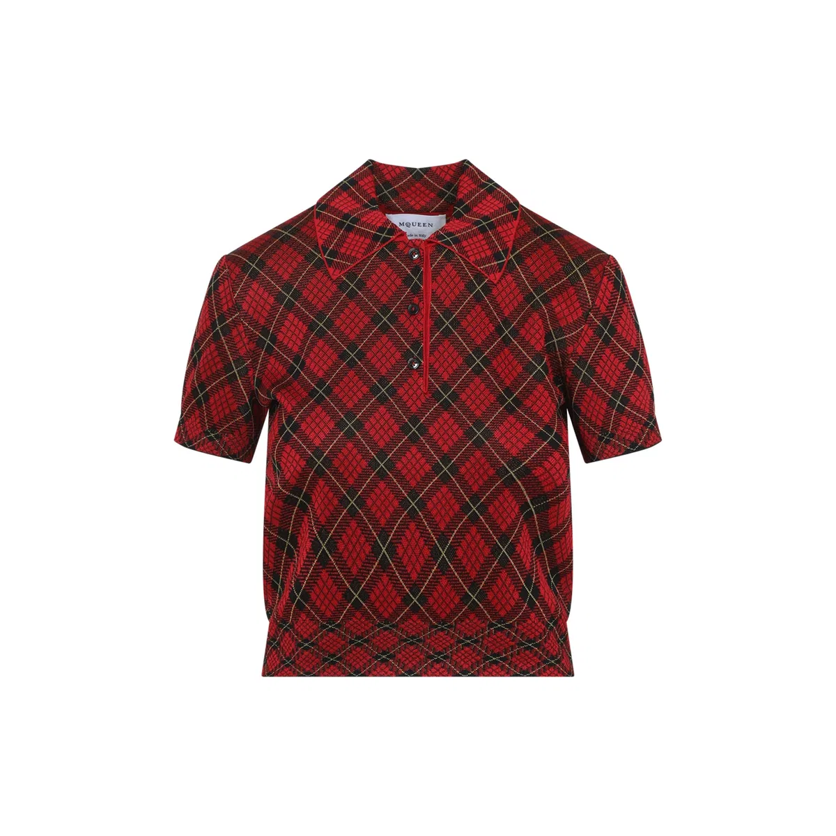 Alexander Mcqueen Microcheck Polo Shirt Lurex Collar Detail In Red